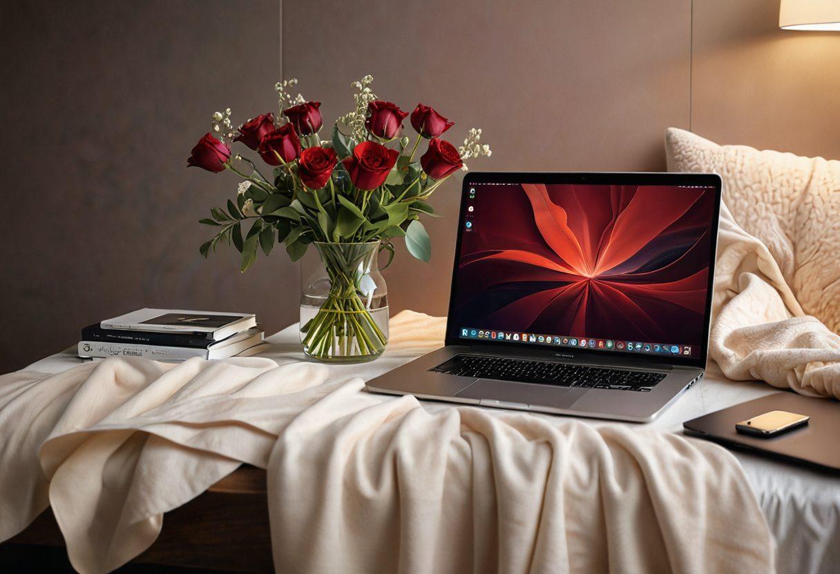 A modern, stylish workspace featuring a sleek laptop opened to a vibrant adult streaming platform, surrounded by soft, sensual lighting and abstract art. Include elements like a cozy blanket, a glass of wine, and a bouquet of flowers to enhance the intimate atmosphere. Background hints of abstract shapes suggestive of sensuality. ultra-realistic. warm colors. inviting ambiance.